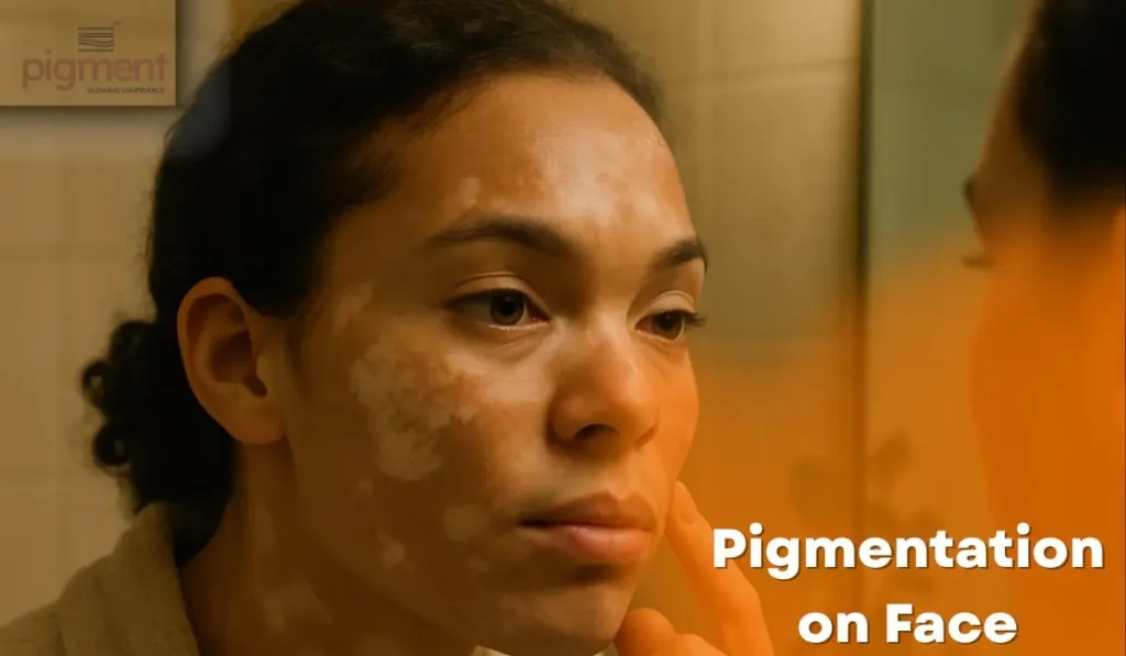 A woman examining pigmentation patches on her face in the mirror, representing facial pigmentation concerns treated by dermatologists in Bangalore.