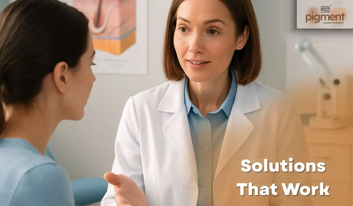 A dermatologist explaining pigmentation treatment options to a patient during a skin consultation.