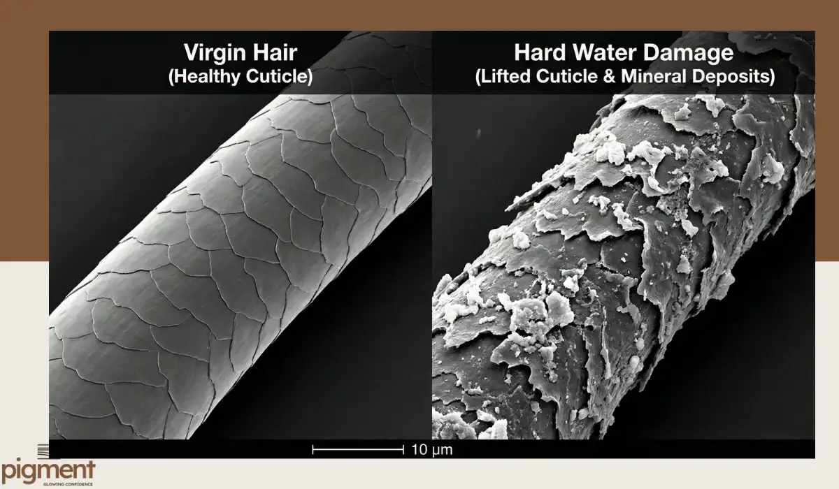 Close up microscopic view of hair cuticle damage and mineral deposits caused by high TDS hard water in Bangalore.