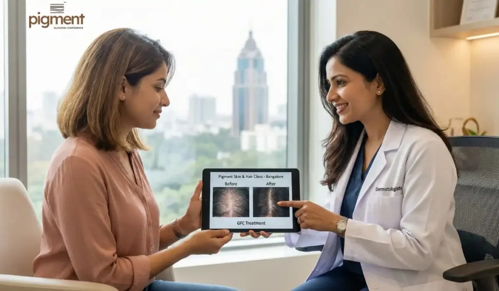 A professional woman in Bangalore looking confident with healthy hair after dermatologist-approved hair loss treatments.