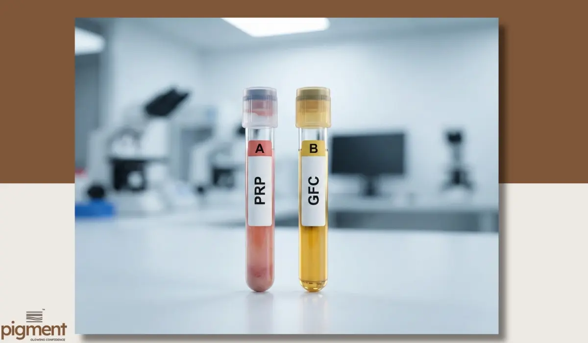Side by side comparison of PRP and GFC vials showing the high purity and concentration of growth factor concentrate.
