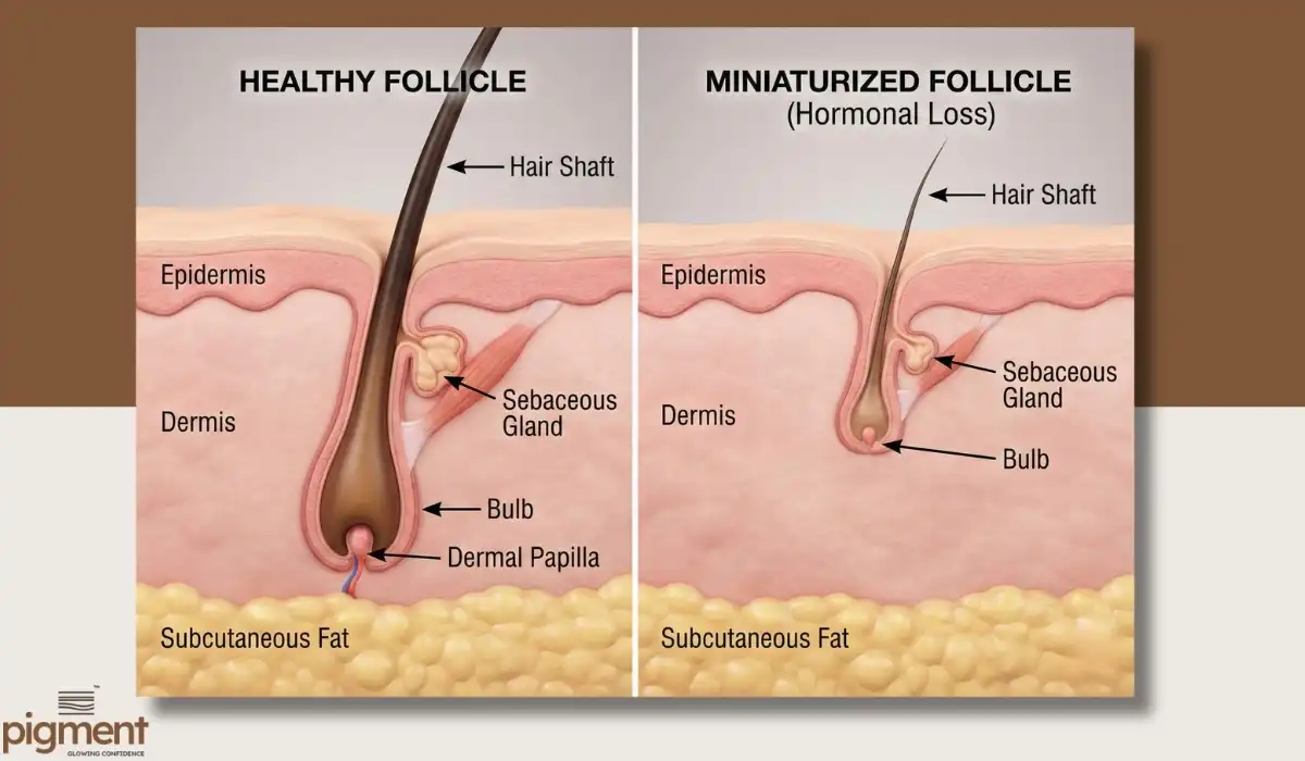 Medical diagram comparing a thick healthy hair follicle with a shrunken miniaturized follicle caused by hormonal changes.