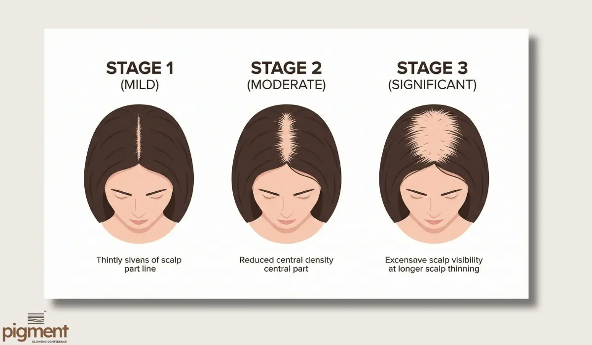Infographic showing the three stages of the Ludwig Scale for female pattern hair loss and widening of the center part.