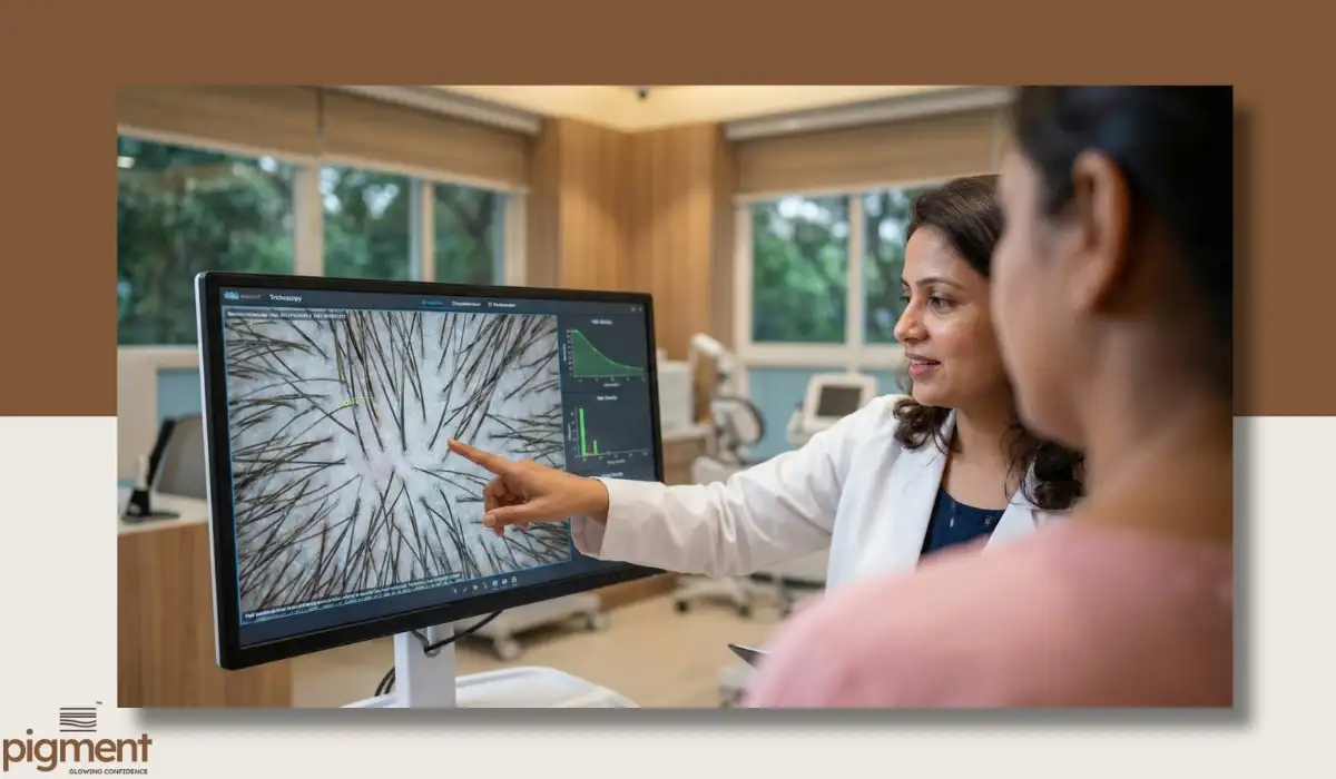 A Bangalore dermatologist at Pigment Skin and Hair Clinic performing a digital trichoscopy scalp scan for a female patient.