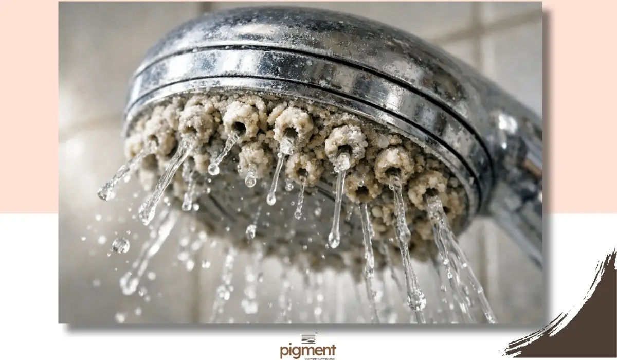 Chrome shower head with white limescale and calcium deposits, a common sign of hard water in Bangalore.
