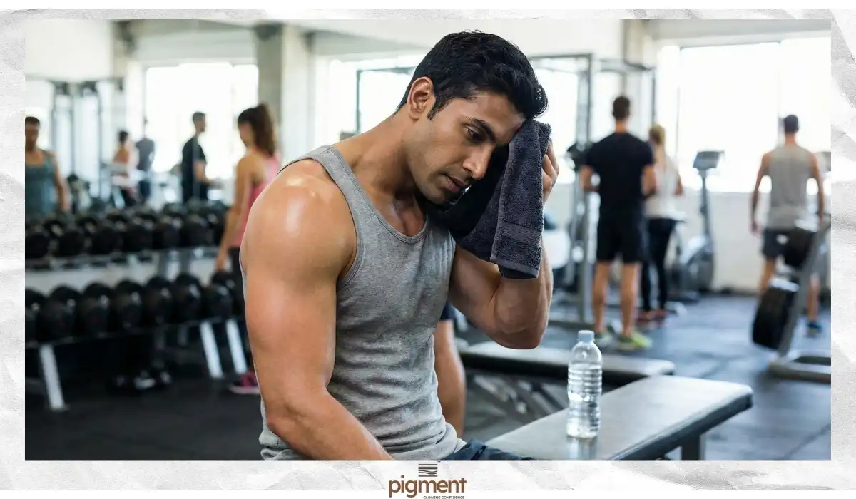 Fit man at a gym in Bangalore with smooth chest and shoulders after laser hair reduction.