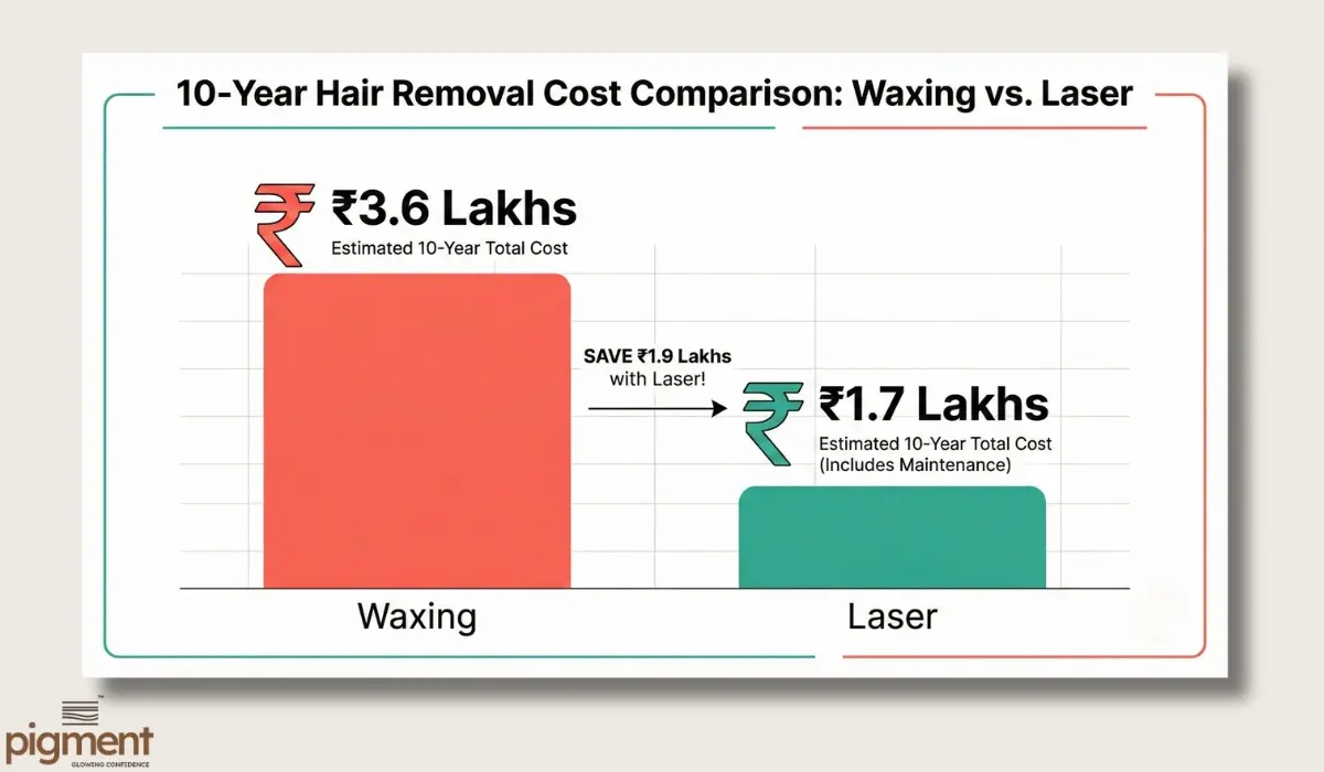 Infographic showing the cost savings of laser hair removal over 10 years compared to waxing in Bangalore.