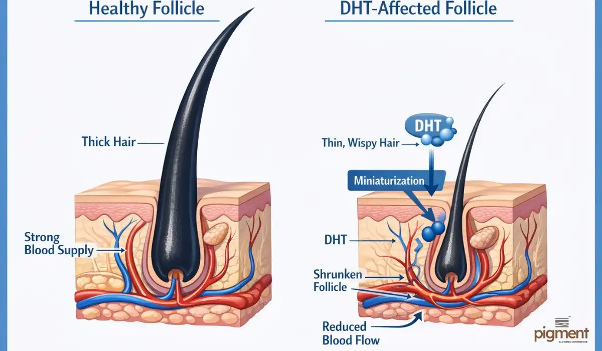 Medical diagram illustrating how Dihydrotestosterone (DHT) causes hair follicle shrinkage and male pattern baldness.