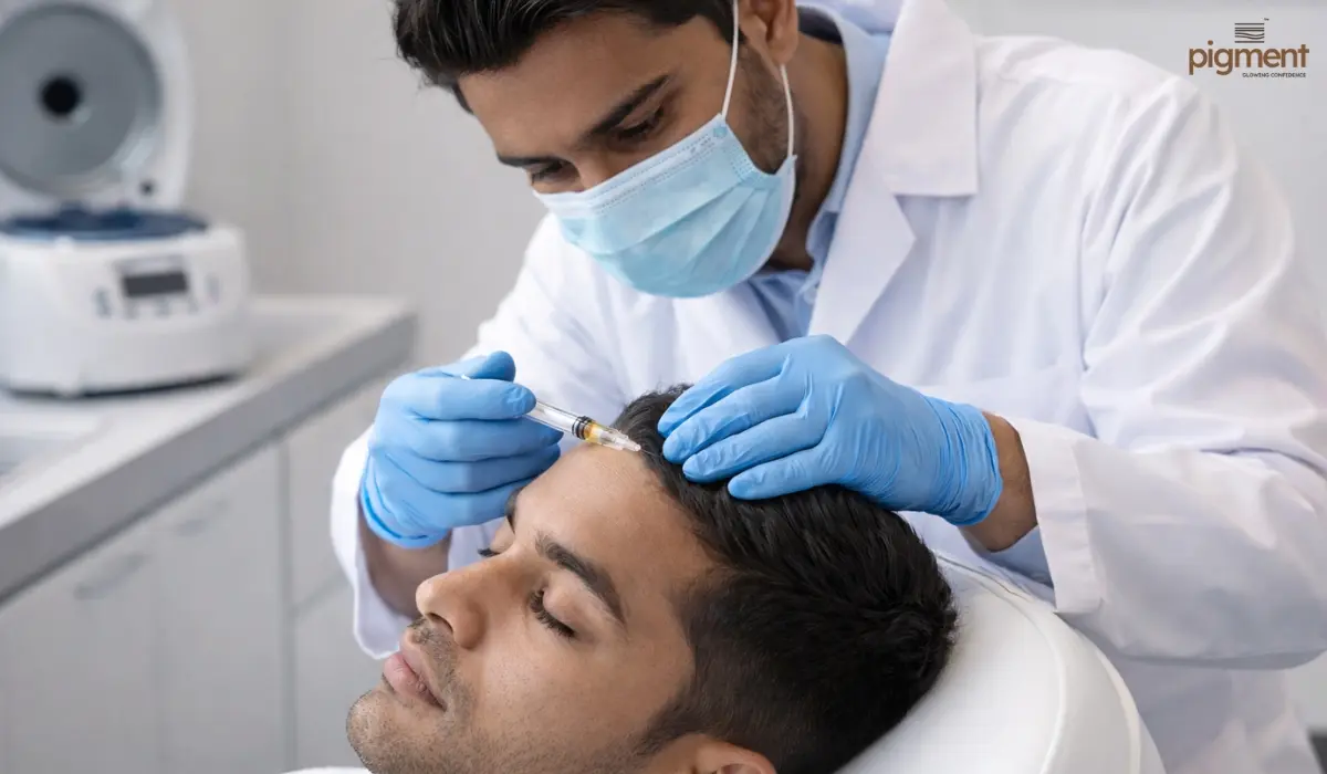 Dermatologist performing a GFC (Growth Factor Concentrate) hair regrowth treatment on a male patient in a Bangalore clinic.