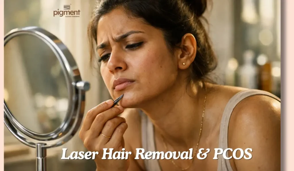 A young Indian woman with PCOS using a magnifying mirror and tweezers to check for facial hair growth in the morning.