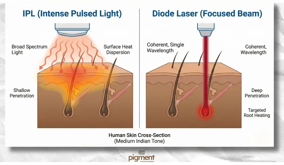 Medical diagram illustrating the difference between scattered IPL light versus focused diode laser hair removal technology penetrating the hair root in Indian skin.