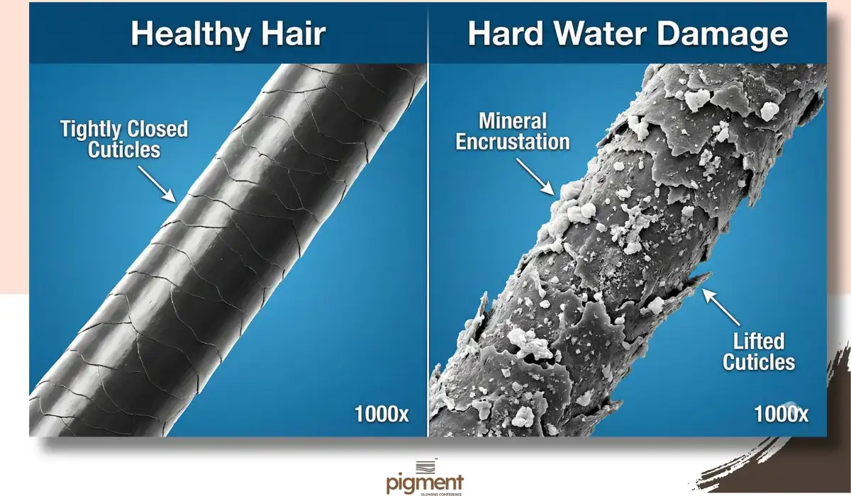 Microscopic comparison showing healthy hair cuticle vs hair damaged by calcium buildup from hard water.
