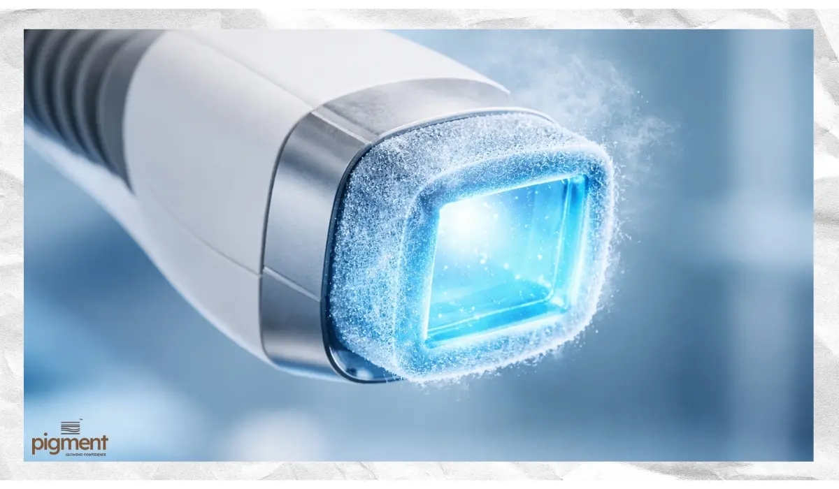 Close-up of cooling ice-tip laser technology used for painless bikini hair removal.