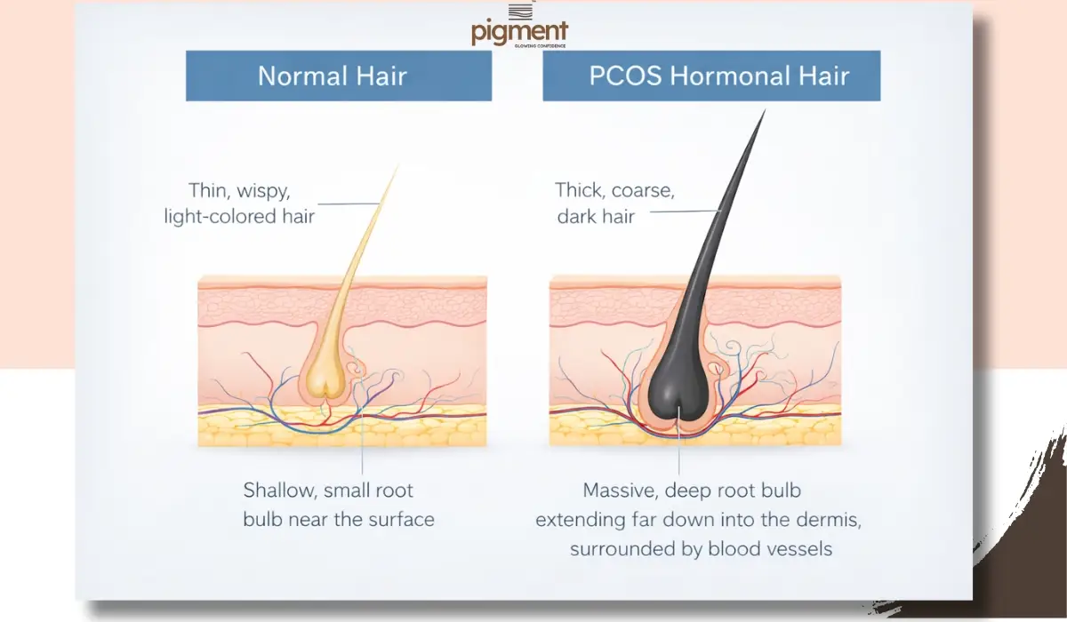 Medical diagram comparing a normal shallow hair follicle versus a deep, thick hormonal hair follicle caused by PCOS.