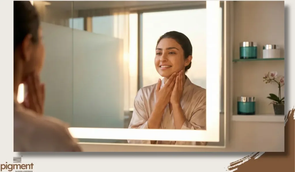 Confident Indian woman admiring her smooth jawline in a mirror after safe permanent facial hair removal treatment in Bangalore.