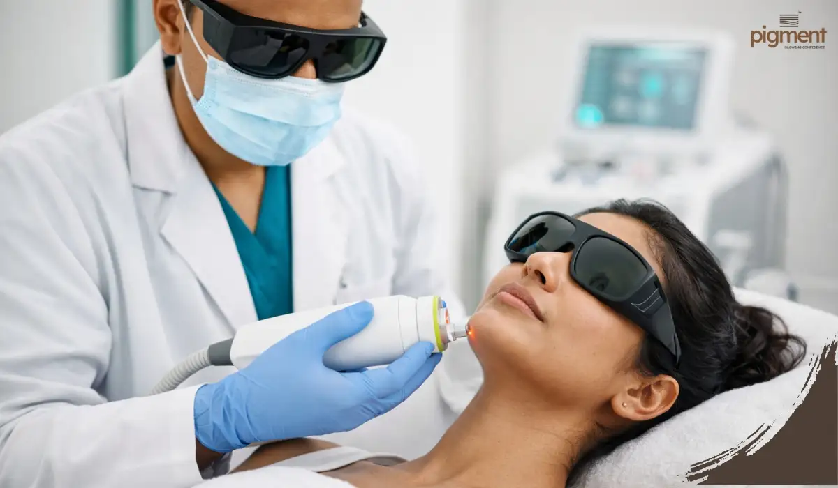 A dermatologist performing safe, medical-grade laser hair removal on a patient's jawline in a Bangalore skin clinic, with both wearing safety gear.