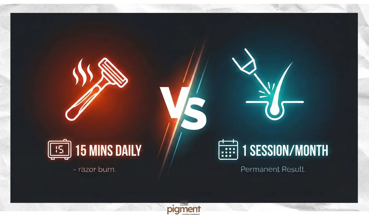 Infographic comparing the time and cost of daily shaving versus permanent laser hair removal for men.
