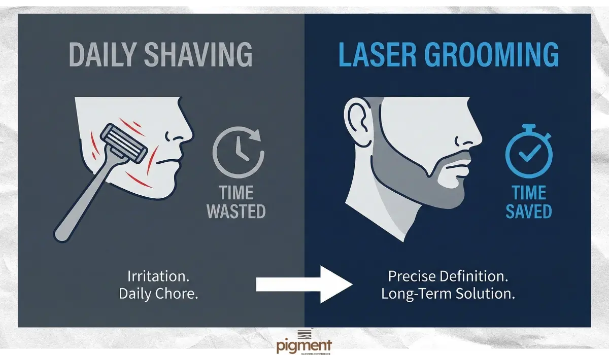 Comparison infographic showing the drawbacks of daily shaving with razor burn versus the time-saving, permanent results of laser beard shaping for men.