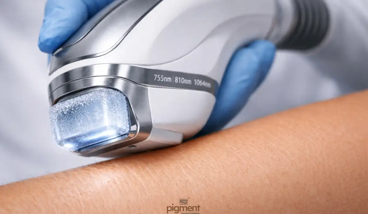 Close-up view of a medical-grade triple wavelength laser hair removal handpiece used for fast, in-motion treatments.