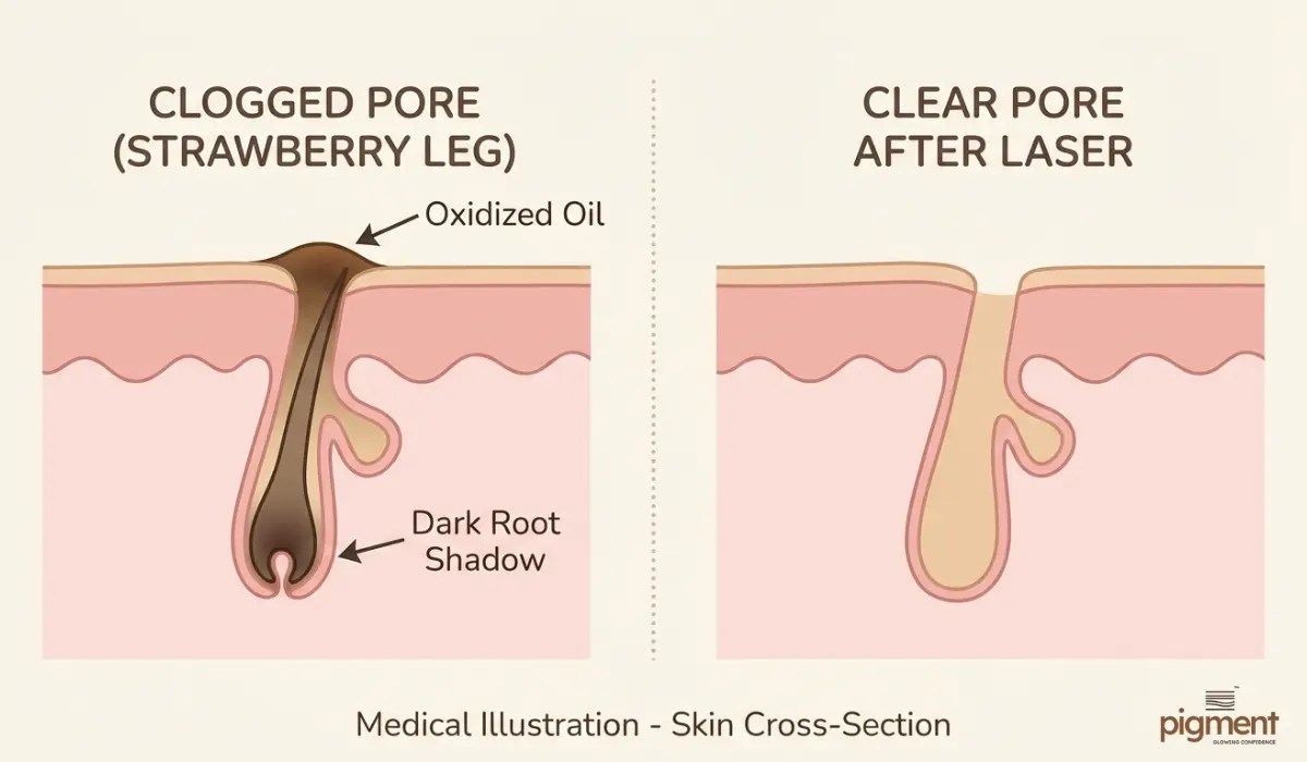 Medical diagram illustrating a clogged strawberry leg pore with oxidized oil and trapped hair versus a clear pore after laser treatment.