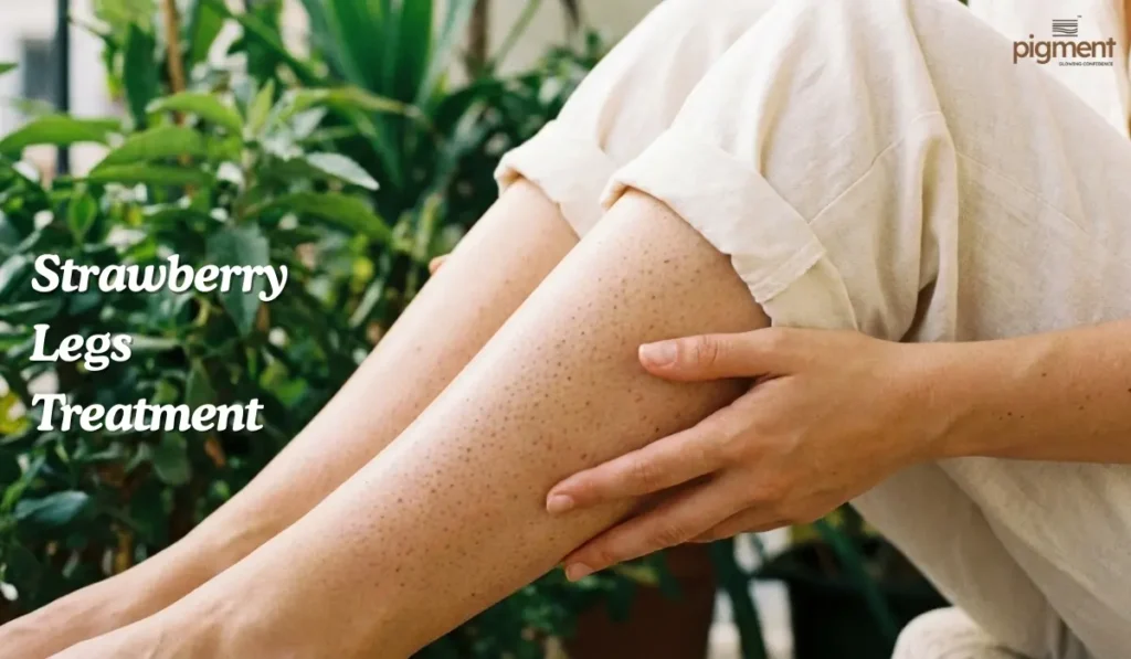 Close-up photograph showing strawberry skin texture and dark pores on a woman's legs in natural light.