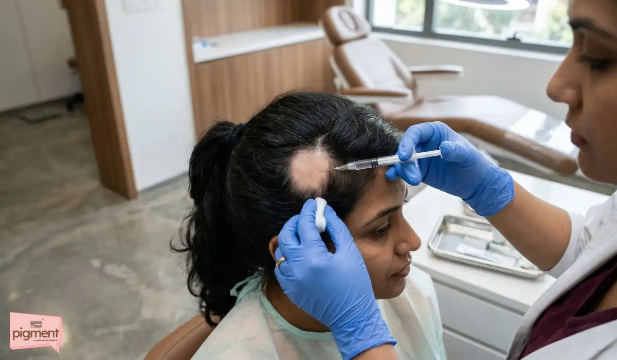 Dermatologist administering intralesional injection for alopecia areata treatment.