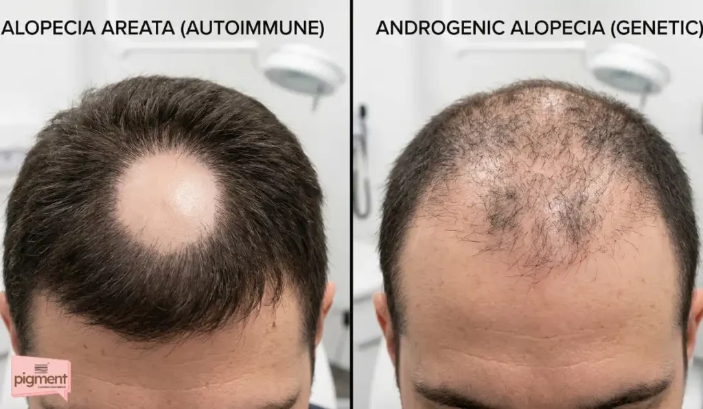 Comparing alopecia areata patches versus androgenic alopecia genetic thinning.