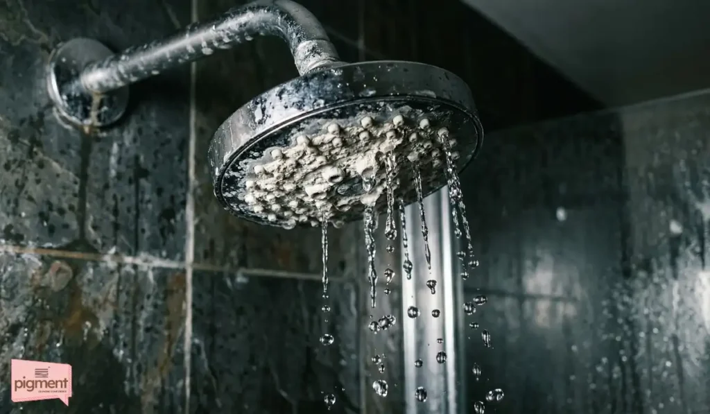 Chalky mineral buildup on a showerhead demonstrating the hard water problem in Bangalore.