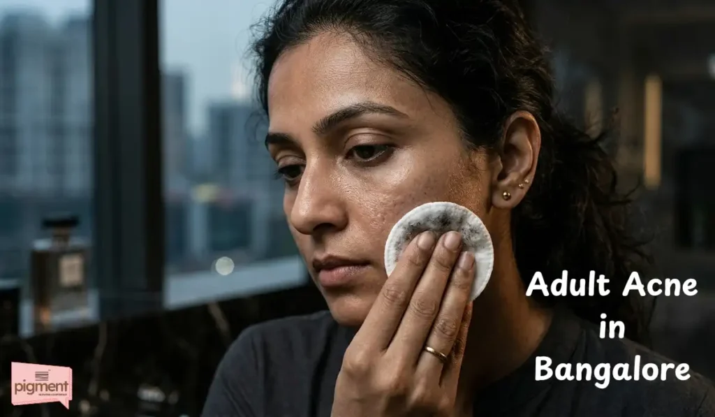 Indian woman removing Bangalore traffic pollution from her face to prevent adult acne.