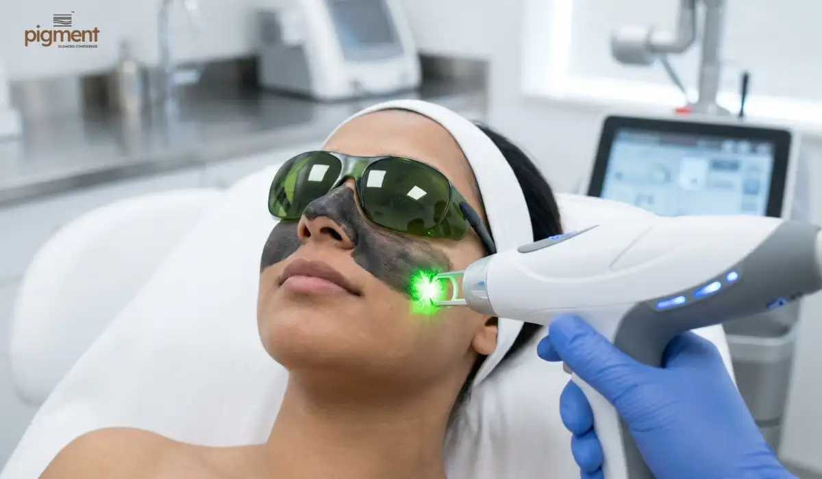 Dermatologist using a carbon laser to shrink open pores at Pigment Clinic.