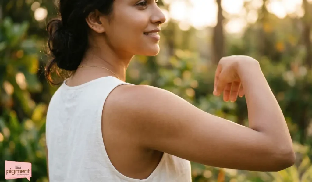 Smooth, clear, and scar-free skin on a woman's shoulder after completing successful laser tattoo removal sessions.