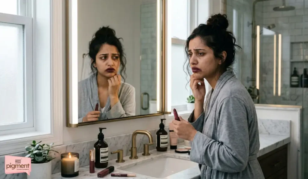 Indian woman frustrated with lip pigmentation looking for dark lips treatment in Bangalore.