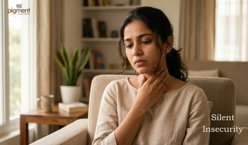 A young Indian woman touched her neck with a concerned expression, feeling insecure about dark skin pigmentation.