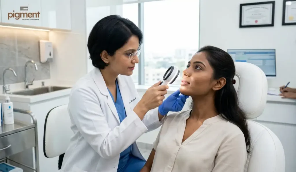 Dermatologist examining patient for dark pigmented lips treatment in Bangalore clinic.