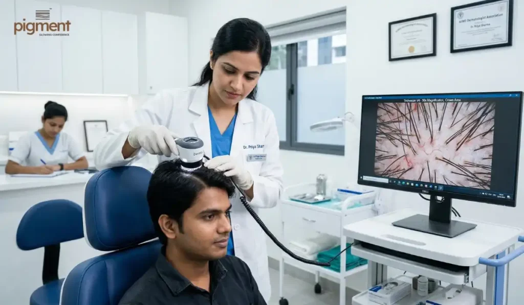 Dermatologist performing a digital trichoscopy scalp assessment for alopecia treatment in Bangalore.