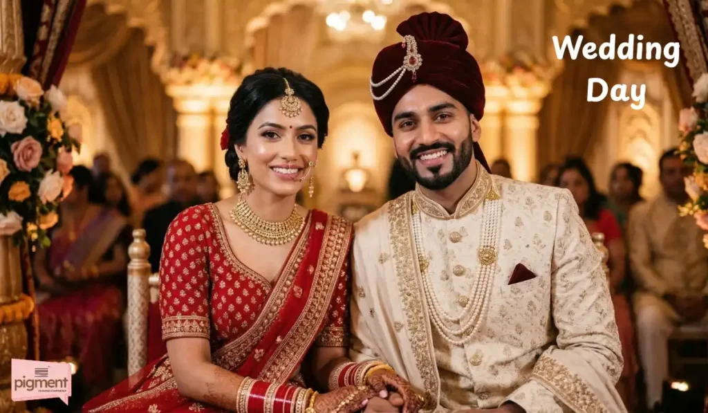A confident Indian bride and groom with flawless, glowing skin on their wedding day.