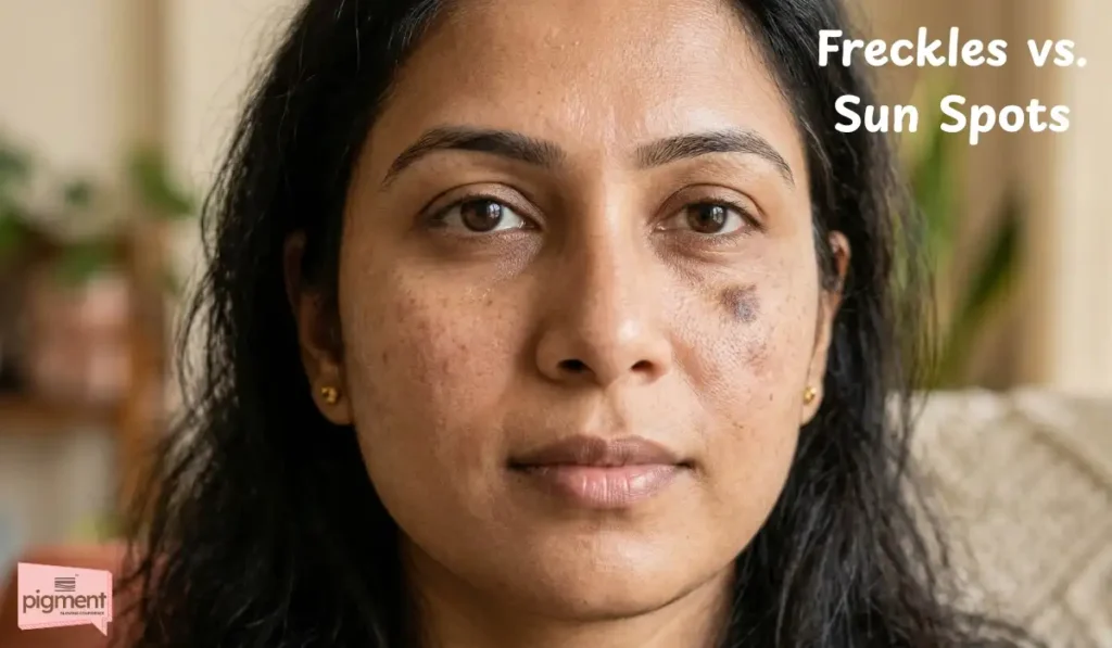 A detailed clinical comparison of genetic freckles versus a cumulative sun spot on an Indian woman's cheek.