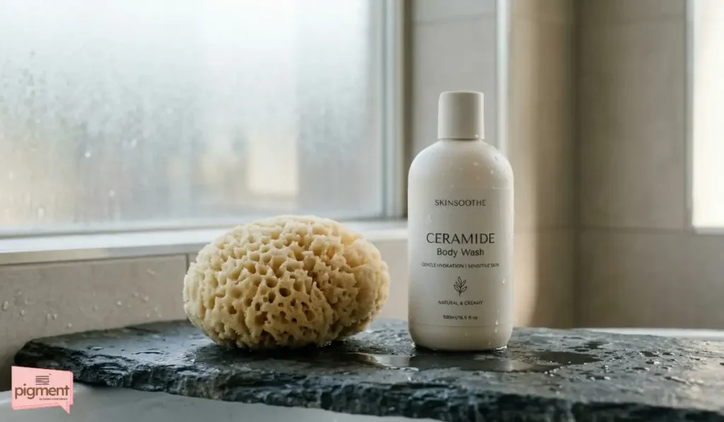 A soft shower sponge used for safe laser hair removal aftercare exfoliation.