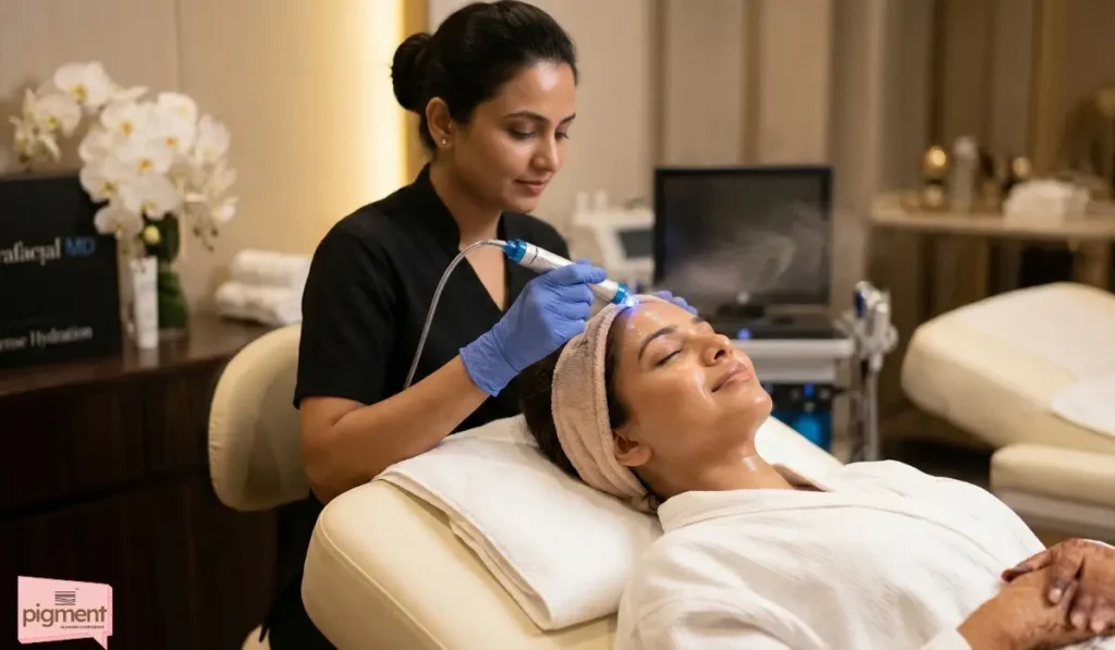 Indian bride receiving a hydrating and safe Hydrafacial treatment one month before her wedding.