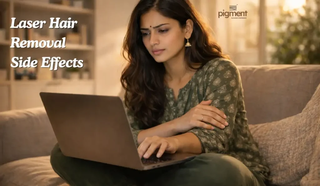 A young Indian woman looking concerned while researching laser hair removal side effects on her laptop at home.