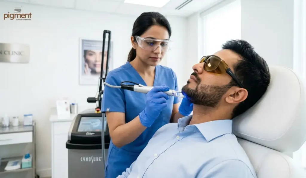 Dermatologist performing laser beard shaping on an Indian groom at a Bangalore skin clinic.