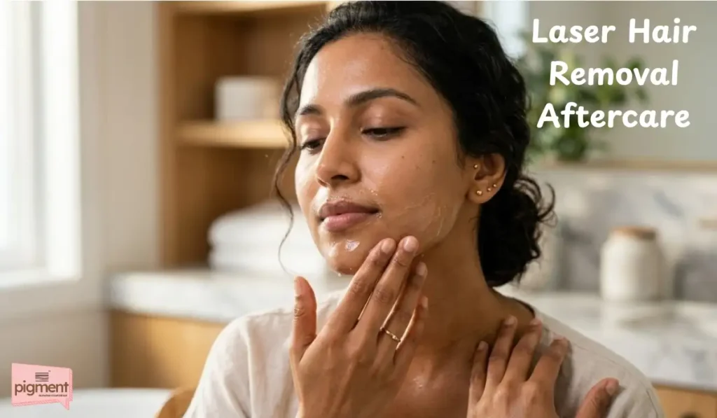 Indian woman safely applying cooling aloe vera gel for laser hair removal face aftercare.