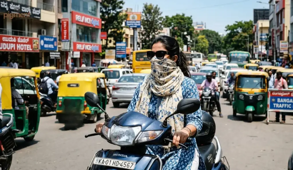 Indian woman using a scarf for sun protection in traffic after laser hair removal.
