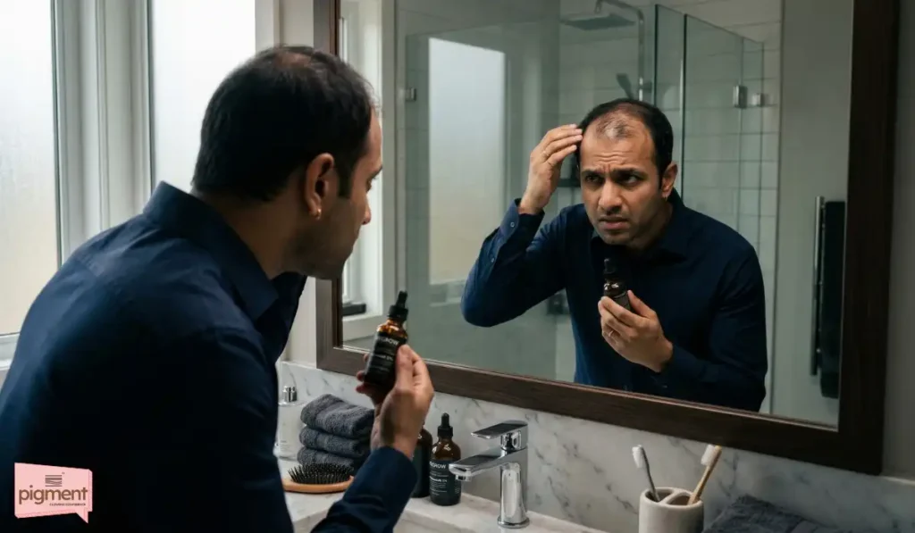 Indian man frustrated with minoxidil results needing advanced hair fall treatment.