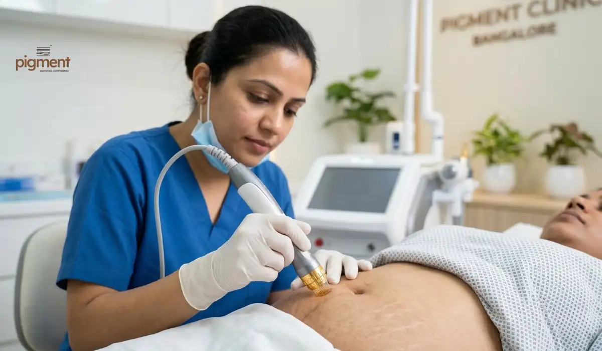 Dermatologist using an advanced MNRF device to treat abdominal stretch marks safely in a clinical setting.