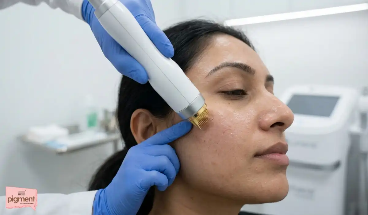 MNRF treatment used for permanent open pores reduction and collagen building.