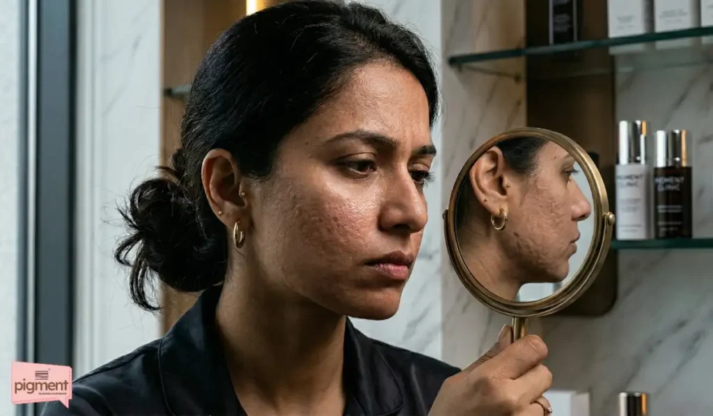 Adult Indian woman checking her enlarged open pores in a mirror.
