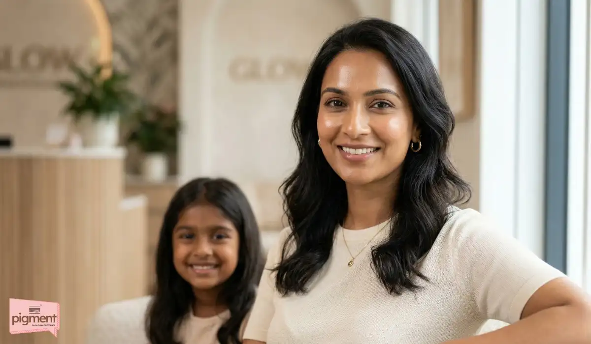 Confident mother with clear, glowing skin after clinical melasma treatment.