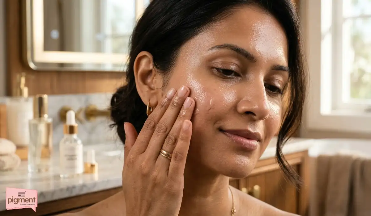 Bride applying a medical-grade Vitamin C serum to maintain her pre-wedding skin care routine at home.