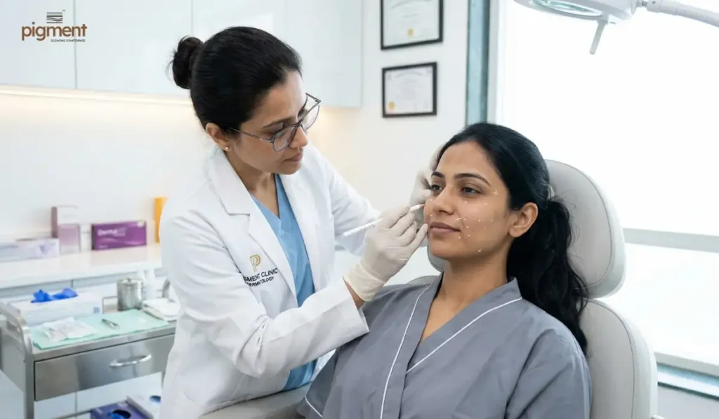 Dermatologist marking BAP injection points for Profhilo treatment at Pigment Skin & Hair Clinic.